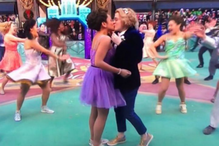 A snapshot of The Proms performance on The Macys Thanksgiving Day Parade featuring the parades first same sex kiss.