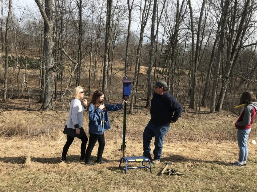 (From left) Environmental Club Adviser Ms. Christie, Club President Kellianne Ticcony, and Mr. Ticcony installing one of the birdhouses.