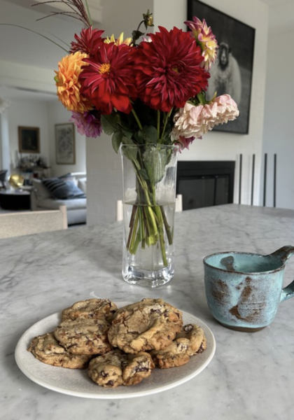 Chocolate chip caramel cookies and a cup of coffee