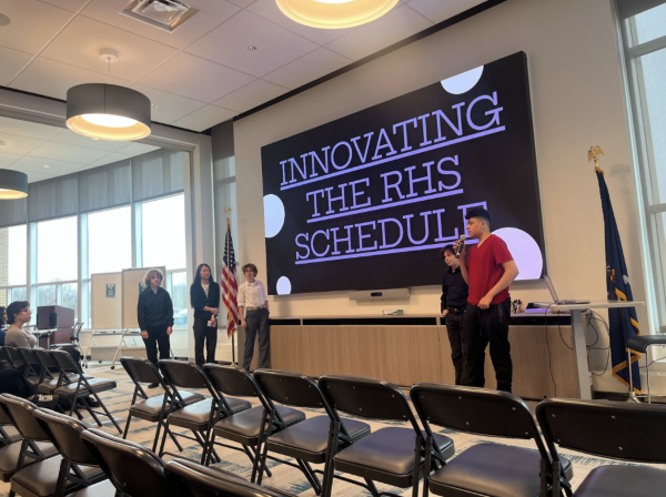 Sammy Erdman, Carys Protheroe, Bella Kemp, Max Longman Azevedo and Thomas Penepent present their idea of innovating the Rhinebeck High School schedule to fit more classes.