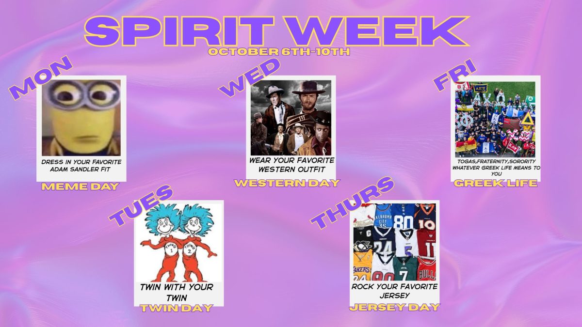 Monday Meme Day,
Tuesday Twin Day,
Wednesday Western Day,
Thursday Jersey Day,
Friday Greek Life Day